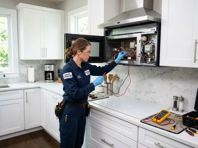 Appliance Repair Hero technician testing an over-the-range microwave in a Biloxi, MS kitchen
